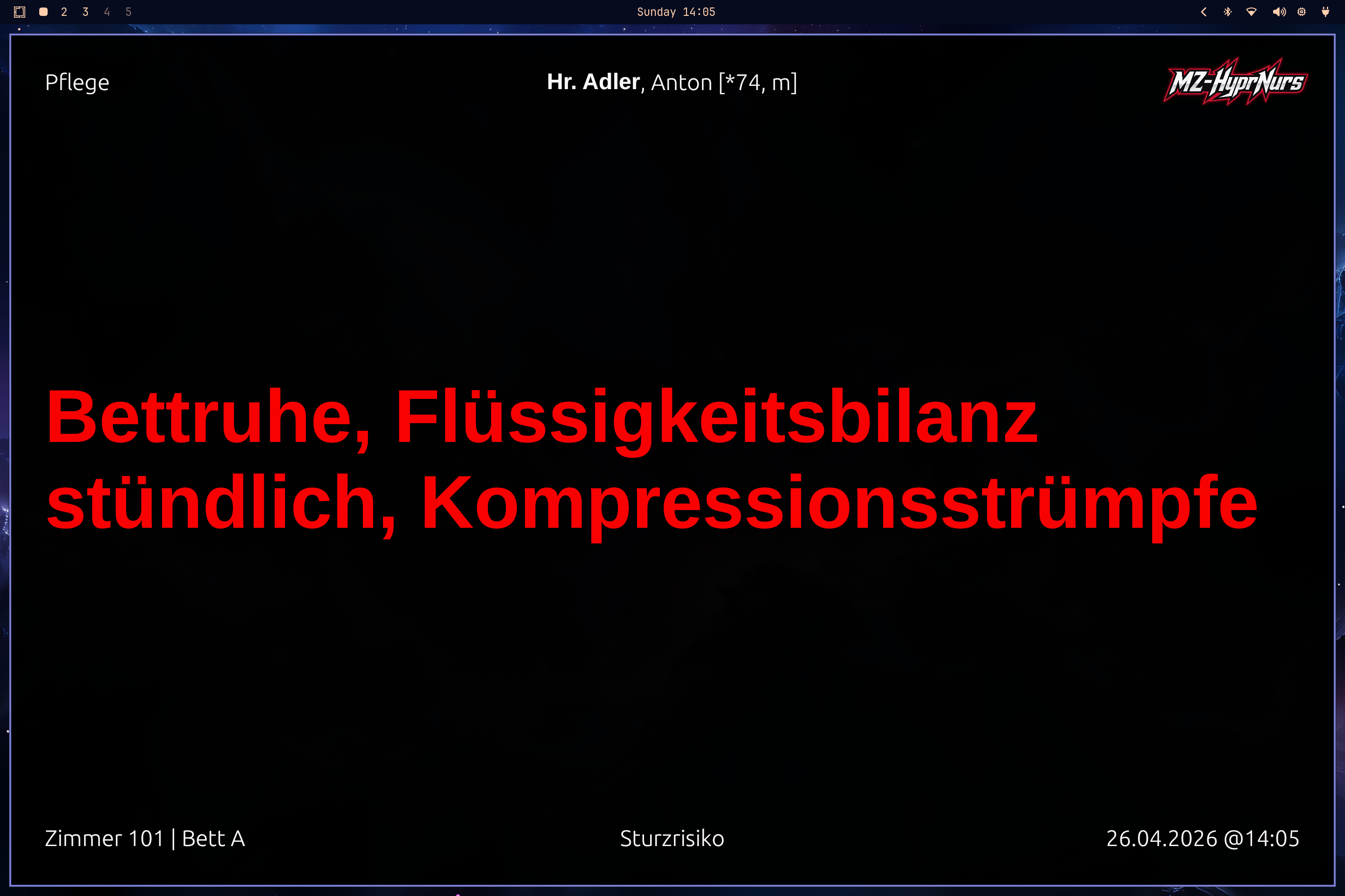 HyprGross-Modus: Pflege-Feld von Hr. Adler bildschirmfüllend in roter Schrift auf schwarzem Hintergrund