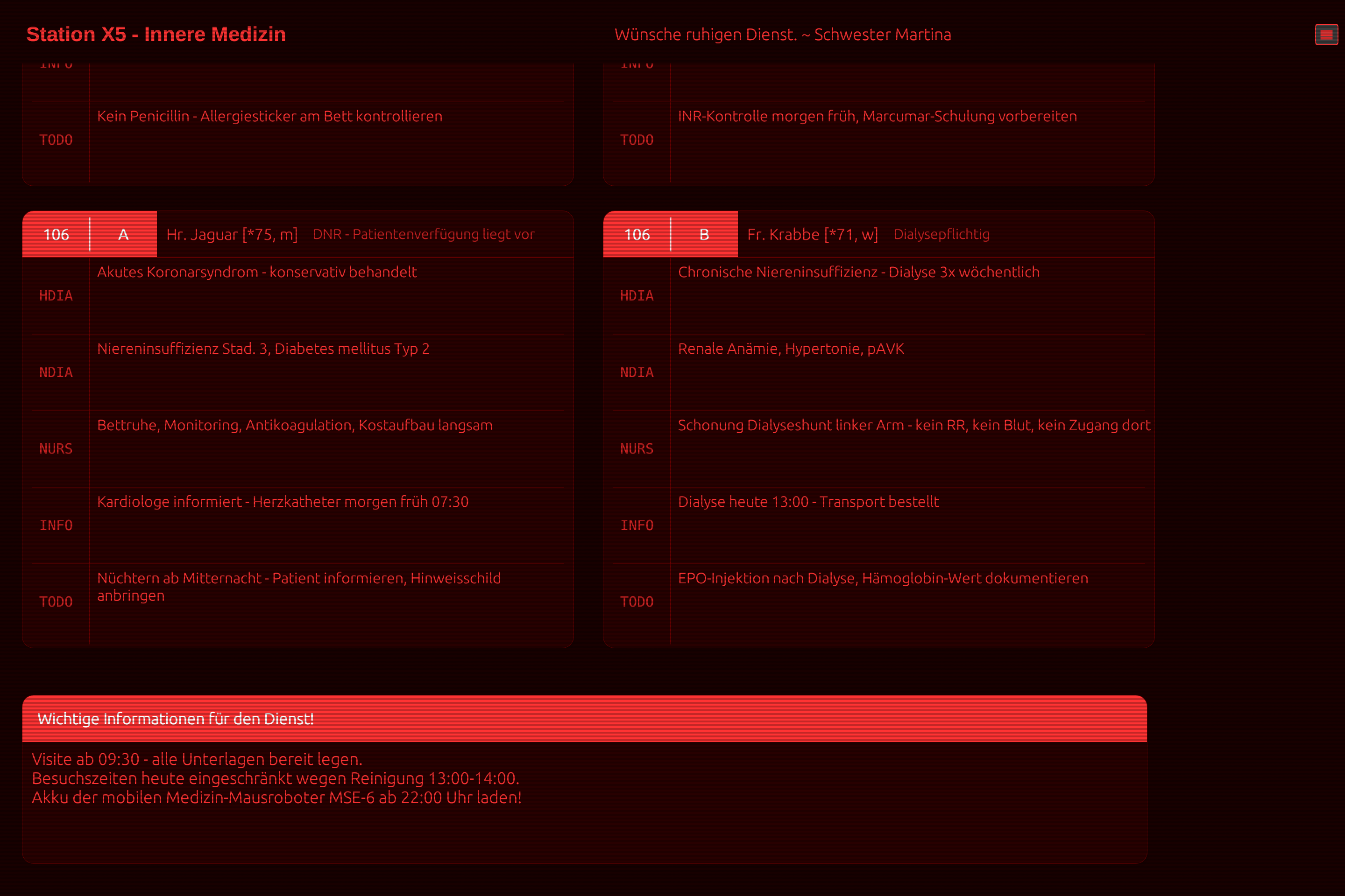 MZ-HyprNurs im CPC-Rot-Theme mit sichtbarer Dienstinfo-Leiste