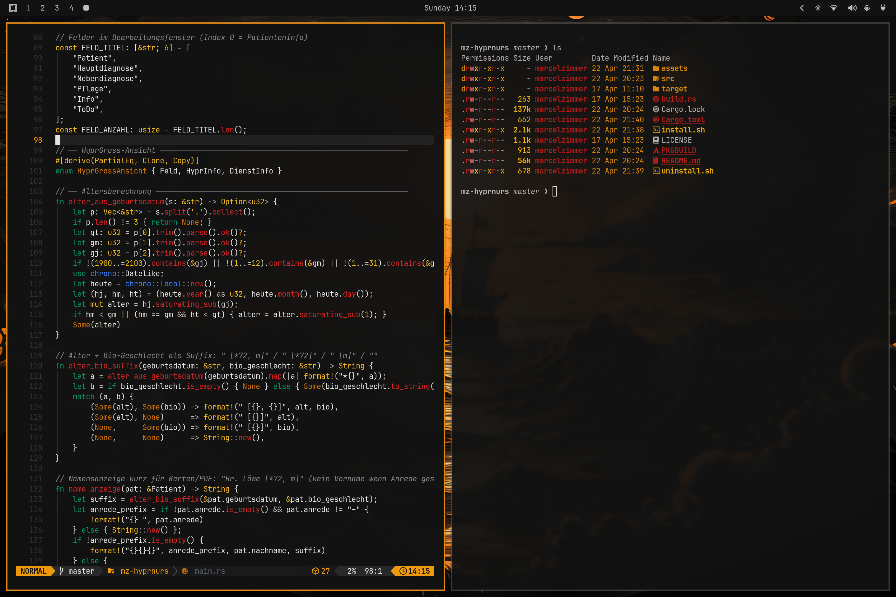 Entwicklungsumgebung: Rust-Quellcode in Neovim links, Repository-Übersicht im Terminal rechts